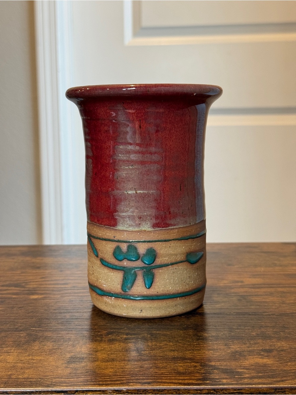 Vintage Signed Lowe Studio Pottery Vase Crock | Oxblood Red & Teal Stoneware